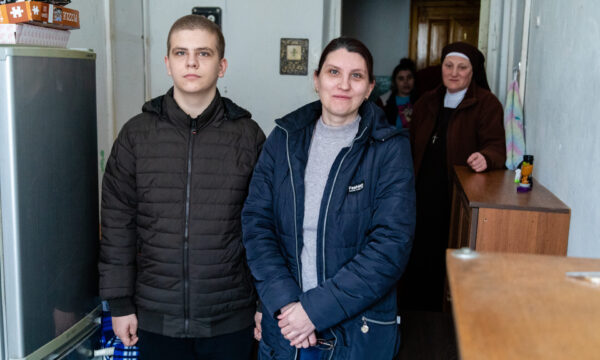 Natalya and her son Roman live in a dormitory for the blind and partially sighted in Zhytomyr. Roman has significant visual impairment. Franciscan nuns help the family - they bring the necessary things.