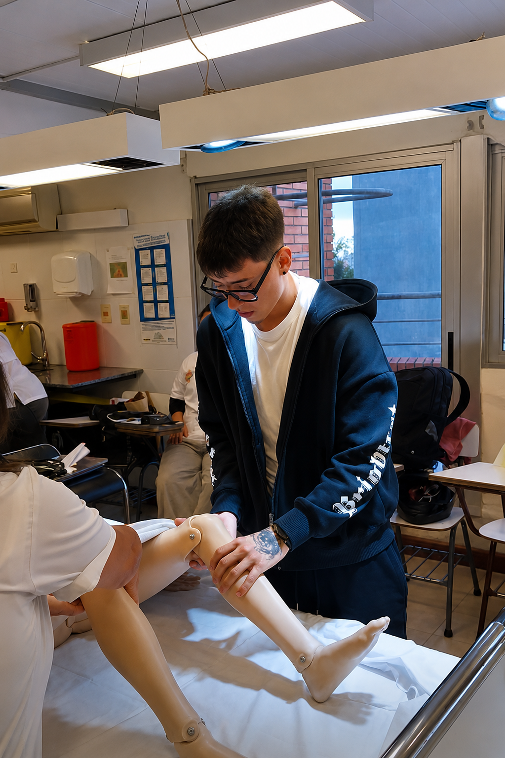 Ein junger Mann mit Brille übt in einem medizinischen Schulungsraum die Untersuchung und Beweglichkeit des Beins einer Patientenpuppe.