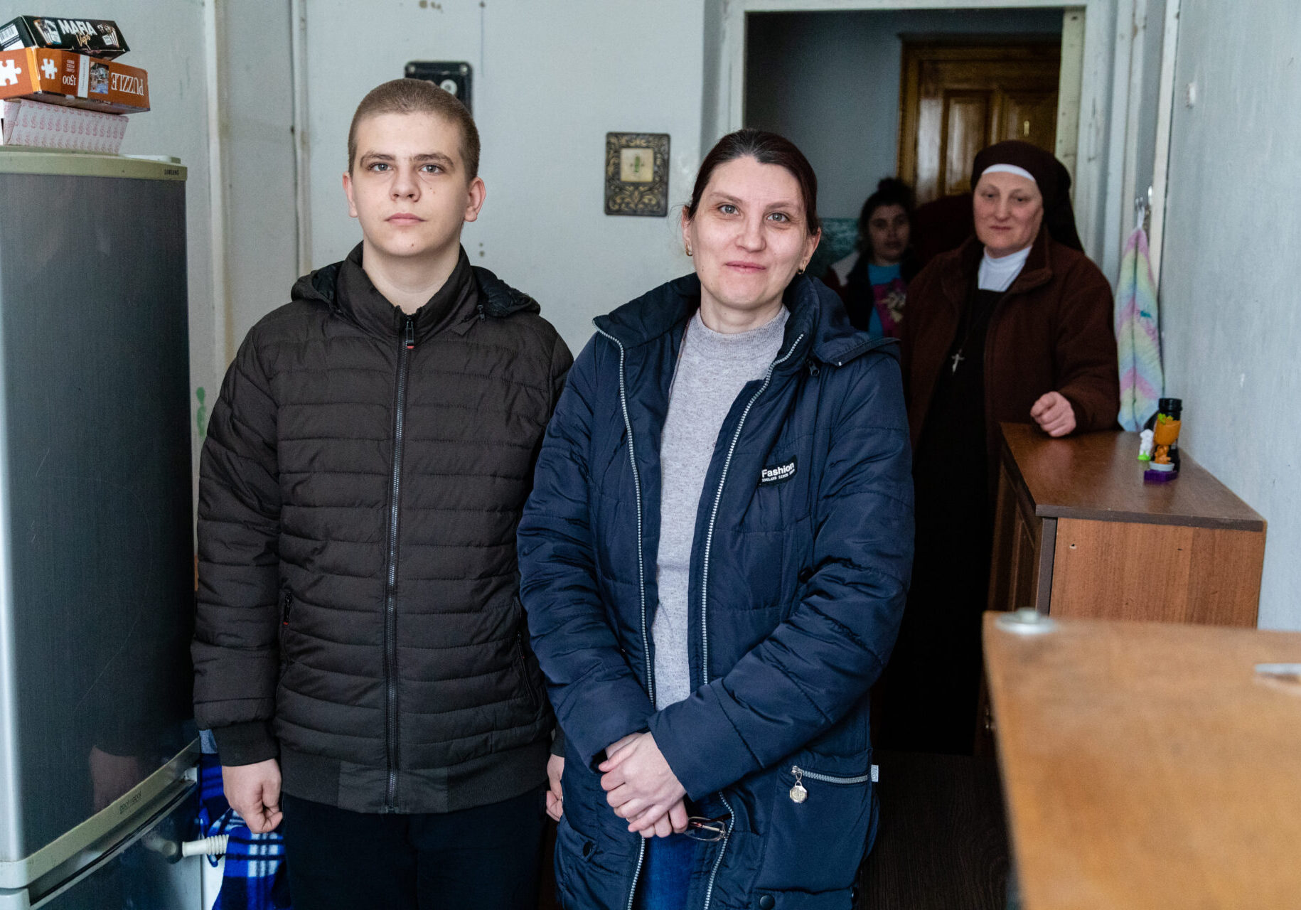 Natalya and her son Roman live in a dormitory for the blind and partially sighted in Zhytomyr. Roman has significant visual impairment. Franciscan nuns help the family - they bring the necessary things.
